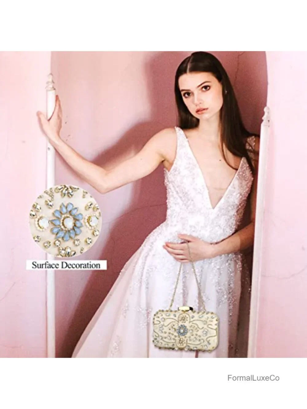 Rhinestone Beaded Evening Clutch Purse with Chain Strap